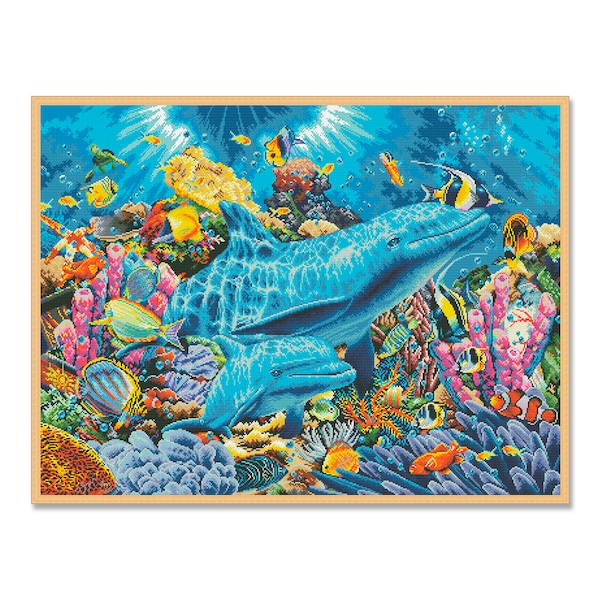 Dolphines of the ocean, Counted Cross Stitch pattern, Fish cross stitch, Hand Xstitch Chart, Ocean, Underwater world, Corals, Tropical fish