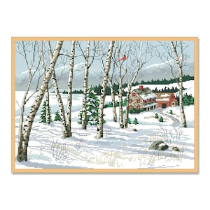 Birch View, Counted Cross Stitch Pattern, Winter Landscape, Snow Village, Hand Needlepoint Chart, Digital Pattern PDF