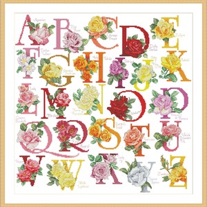 Alfabeto rosa, patrón de punto de cruz contado, letras florales, personalización de letras, decoración para la habitación de los niños, flor de jardín ABC imagen 2