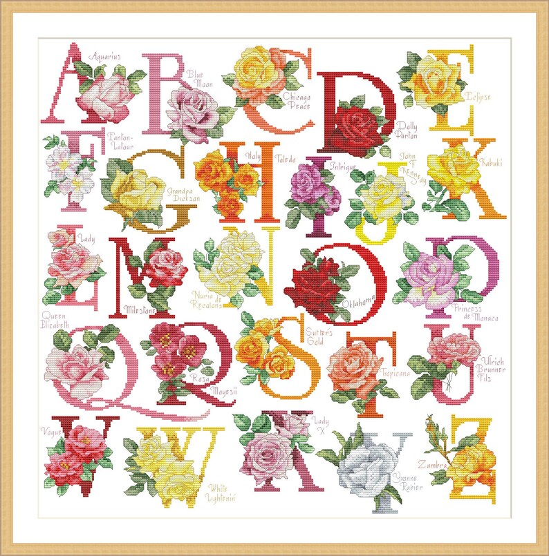 Alfabeto rosa, patrón de punto de cruz contado, letras florales, personalización de letras, decoración para la habitación de los niños, flor de jardín ABC imagen 2