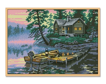 Morgensee, Kreuzstichmuster, Zählmuster, Sommerlandschaft, Sofort Download PDF, Handarbeitstabelle, Dorf Cottage