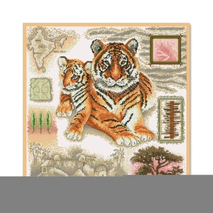 Könnte beinhalten: Ein Kreuzstichmuster mit einer Tigermutter und ihrem Jungen. Die Tiger sind orange und schwarz mit weißen Streifen. Der Hintergrund zeigt eine Karte von Indien, ein Blumenmuster und einen kleinen Baum.