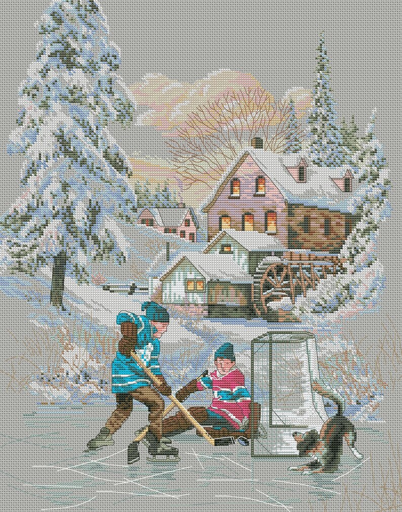 May include: Two children play hockey on a frozen pond in front of a snowy village. The child in blue is skating towards the goal while the child in red is sitting on the ice. A dog is watching the game.