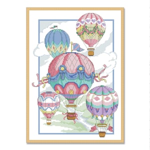 Ballon fantaisie, motif point de croix compté, ciel, globe terrestre, planètes, espace PDF numérique, décoration moderne, motif point X, grille de point de croix facile