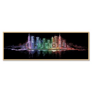 May include: A colourful cityscape with skyscrapers and a Ferris wheel, illuminated with neon lights against a black background.