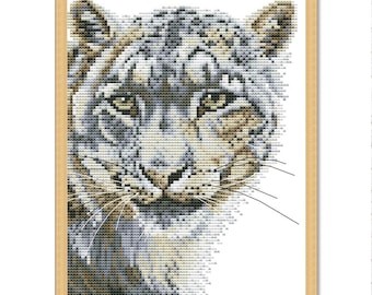 Leopardo de las nieves, patrón de punto de cruz contado, cazador de nieve, gato montés, animales salvajes, bosque de verano, descarga instantánea en PDF, decoración hecha a mano