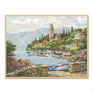Italienischer Aussicht, Kreuzstichmuster, Bergsee, Dorf Landhaus, Sommer, Handstickerei, Nadelspitze, digitales Muster PDF
