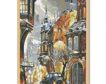 Old Car, Counted Cross Stitch Pattern, Night city, Autumn Landscape, Instant Download PDF, Old town street, European Bistro