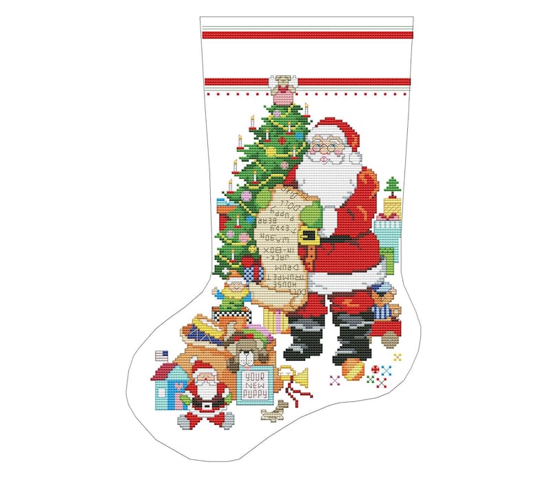 K&ouml;nnte beinhalten: Ein rot-wei&szlig;er Weihnachtssocken mit einer Weihnachtsmannfigur, die eine Liste und einen Weihnachtsbaum h&auml;lt. Der Socken ist mit Spielzeug gef&uuml;llt, darunter ein Teddyb&auml;r, eine Spielzeugeisenbahn und ein Spielzeughaus. Der Text auf der Liste lautet "Dein neuer Welpe".