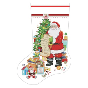 K&ouml;nnte beinhalten: Ein rot-wei&szlig;er Weihnachtssocken mit einer Weihnachtsmannfigur, die eine Liste und einen Weihnachtsbaum h&auml;lt. Der Socken ist mit Spielzeug gef&uuml;llt, darunter ein Teddyb&auml;r, eine Spielzeugeisenbahn und ein Spielzeughaus. Der Text auf der Liste lautet "Dein neuer Welpe".