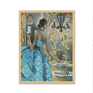 Elegante vrouw #1, geteld kruissteekpatroon, Lady Blue Dress, Restaurant, romantische date, liefde, digitaal patroon, handnaaldkaart