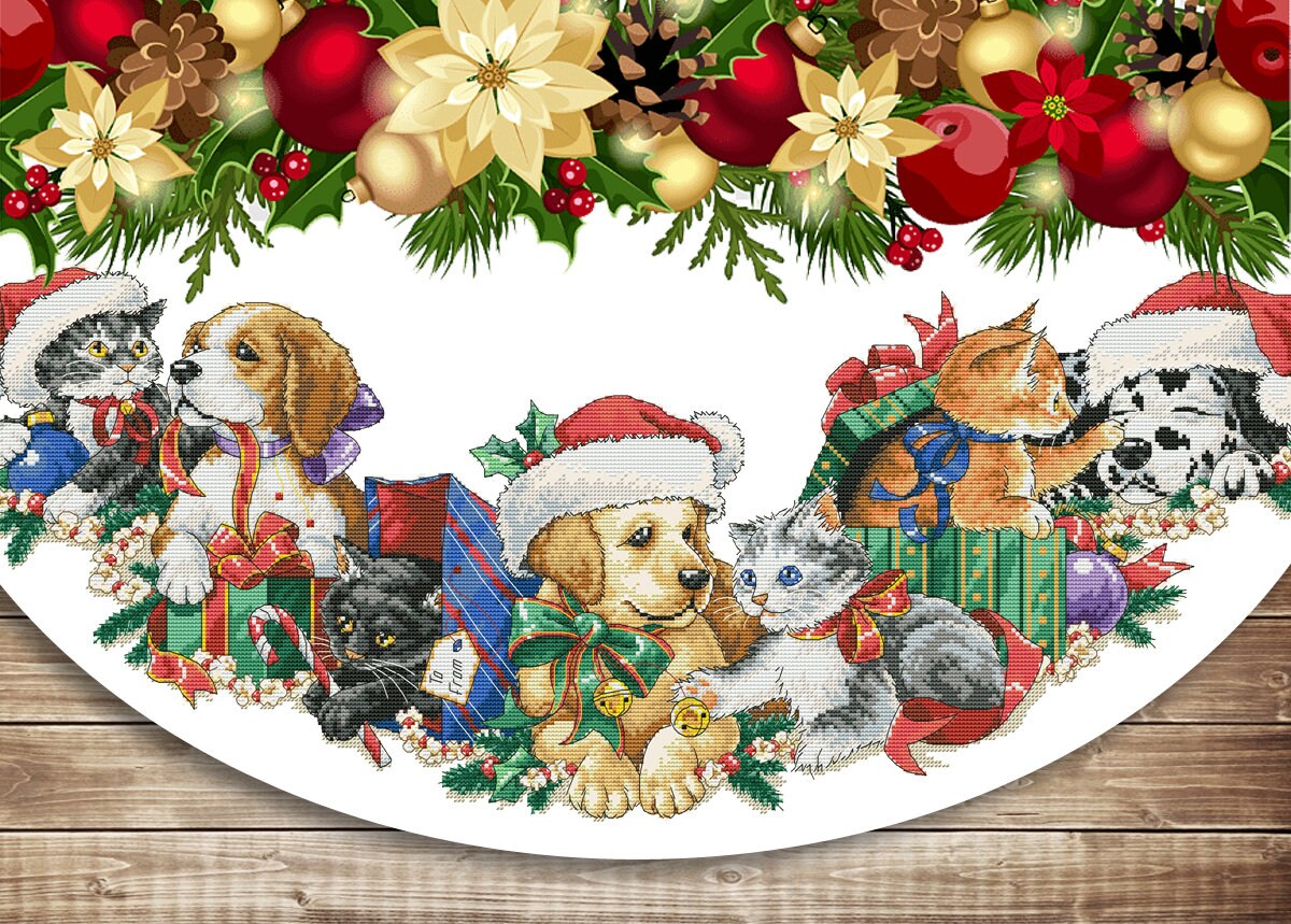 Christmas Tree Skirt, Frisky Friends, Spirit of Christmas, Counted