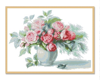 Etude with tea roses, Counted Cross Stitch Pattern, Roses in a vase, Digital Pattern PDF, Floral Wild Flowers Pattern, Bouquet Embroidery