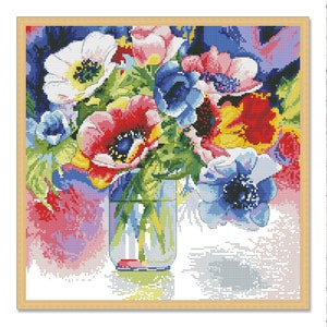 Aquarelanemonen, geteld kruissteekpatroon, digitaal patroon PDF, bloemmotief, wilde bloemenpatroon, bloemenkaart Anemonen in een vaas