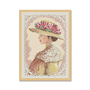 Portret van een dame, kruissteekpatroon, digitaal patroon PDF, modern decor, vrouw met een boeket, bloemmotief, handnaaldkaart