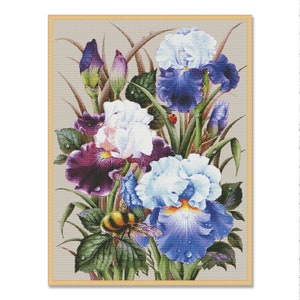 Irissen en hommel, kruissteekpatroon, digitaal pdf-patroon, lentetuinbloemen, xstitch-patroon, bloemenkaart, Instant Download