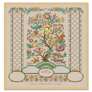 Family Registry, Counted Cross Stitch Pattern, Flowers, Bird, Vintage Family Tree, Nature pattern, Antique Sampler, Instant Download PDF