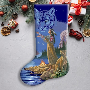 Christmas Stocking, Hidden Spirits, Counted Cross Stitch Pattern, Indian Spirit Hunters, Needlepoint Chart, Instant download PDF