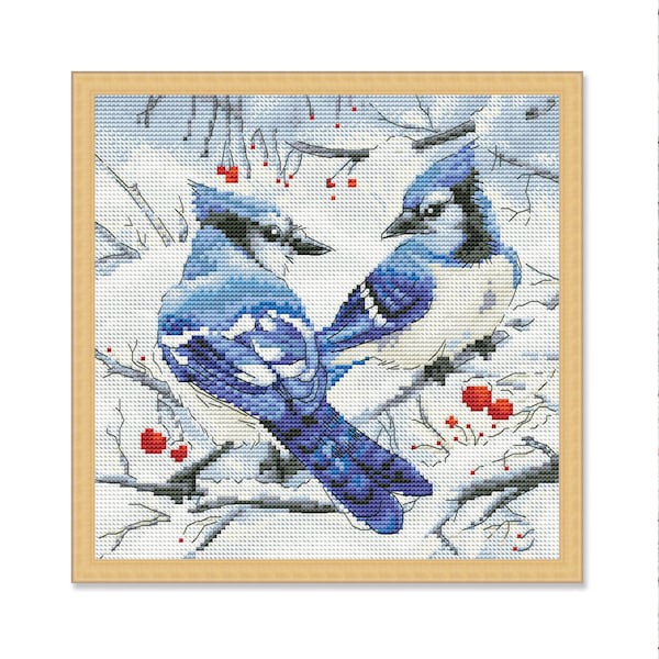 Blue Jays, Counted Cross Stitch pattern, Wild Animals, Snow Bird, Winter Forest, Christmas, Download Digital Pattern PDF, Hand Xstitch Decor