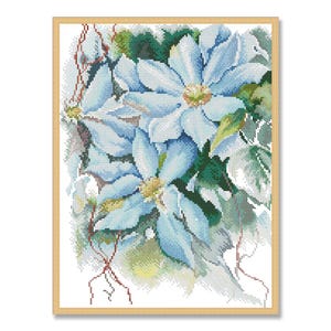 Tuinclematis, geteld kruissteekpatroon, vogel bloemenpatroon, zoetheid van de natuur, violetroze bloemenpatroon, Instant Download