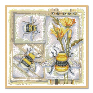 Bijen op een bloem, Kruissteekpatroon, Digitaal patroon, Modern decor, Tuininsect, steekpatroon, Dierenborduurwerk, Naaldkaart