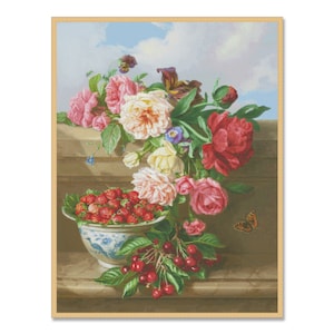 Vintage Bouquet, Cross Stitch Pattern, PDF Digital Pattern, Garden Spring Flowers, Roses and Strawberries, Floral Chart, Instant Download