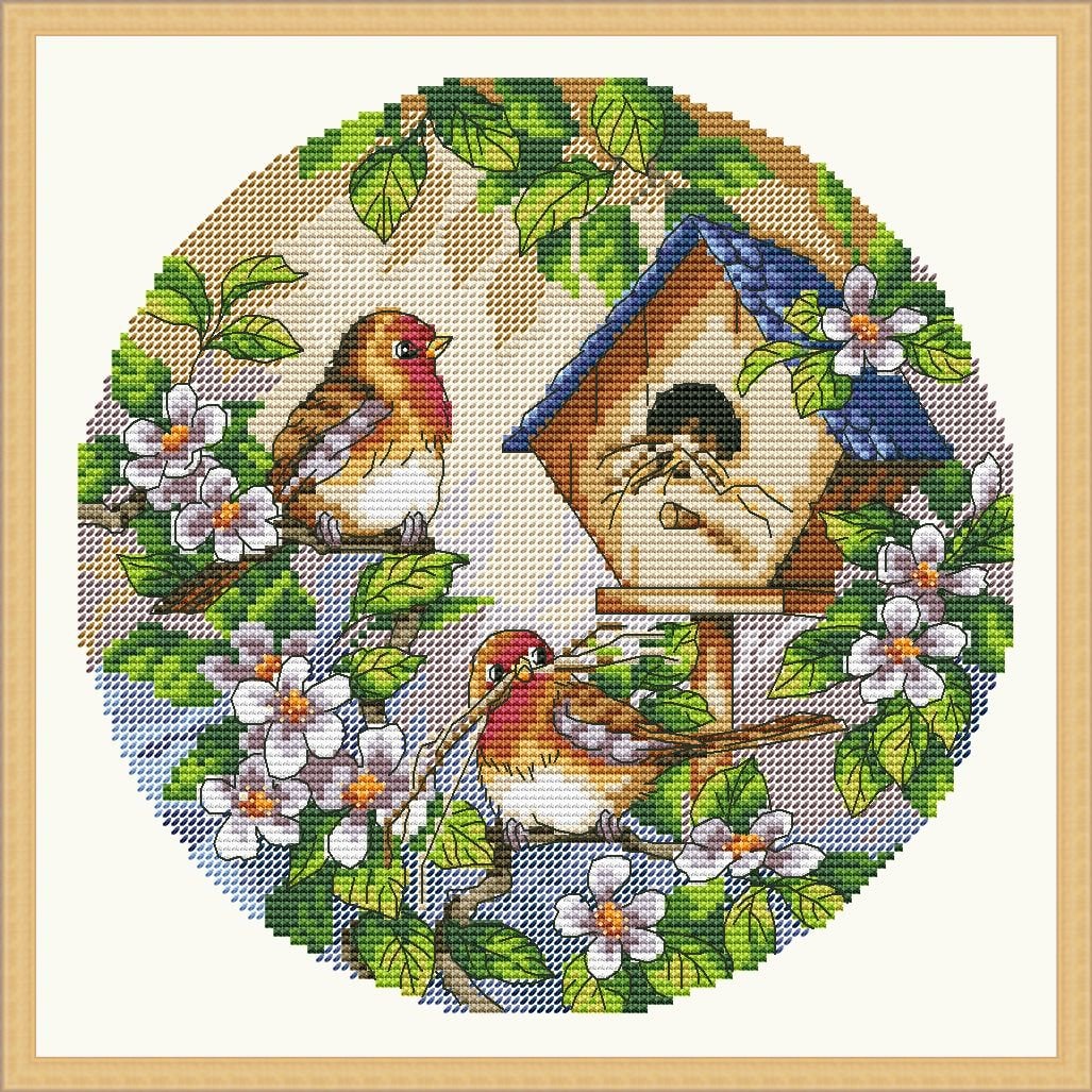 鳥小屋、クロスステッチのパターン、枝に止まる鳥、春の鳥、デジタル