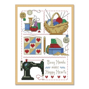 Sew Busy Sampler, Counted Cross Stitch Pattern, Needlewoman's Room, Vintage Patchwork, Sewing Machine, Home sweet home, Victorian House