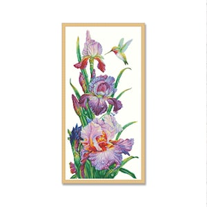 Irissen en kolibries, geteld kruissteekpatroon, bloemenvogelpatroon, zoetheid van de natuur, violet roze bloemenpatroon Instant Download