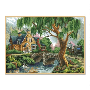 Peaceful Afternoon, Counted Cross Stitch Pattern, Village Cottage, Summer forest , Hand Embroidery, Needlepoint Chart, Digital Pattern PDF
