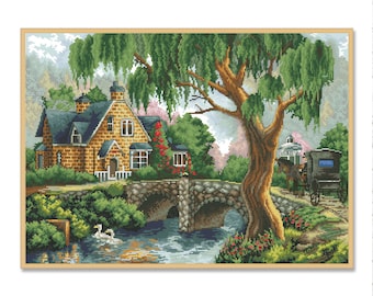 Peaceful Afternoon, Kreuzstich-Muster, Dorf Cottage, Sommerwald , Handstickerei, Nadelspitze, digitales Muster PDF