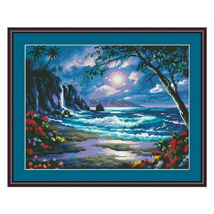 May include: A cross-stitch embroidery depicting a moonlit beach scene with a waterfall cascading down a rocky cliff. Lush green foliage and vibrant flowers frame the scene, while the ocean waves crash against the shore.