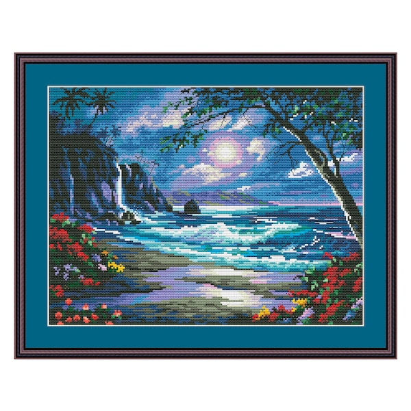 Moonlit Tide, Counted Cross Stitch Pattern, Midnight, Summer Landscape, Ocean Wave, Hand Embroidery, Needlepoint Chart, Digital Pattern PDF