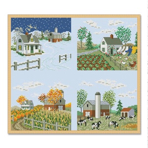 Four Seasons Farm, Counted Cross Stitch Pattern, Village Cottage, Autumn forest , Hand Embroidery, Needlepoint Chart Digital Pattern PDF