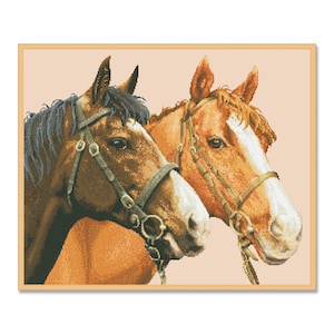 Paarden, Geteld Kruissteekpatroon, Dierenpatroon, Hand Xstitch Decor, Instant Download PDF, Naaldwerkgrafiek, Digitaal patroon