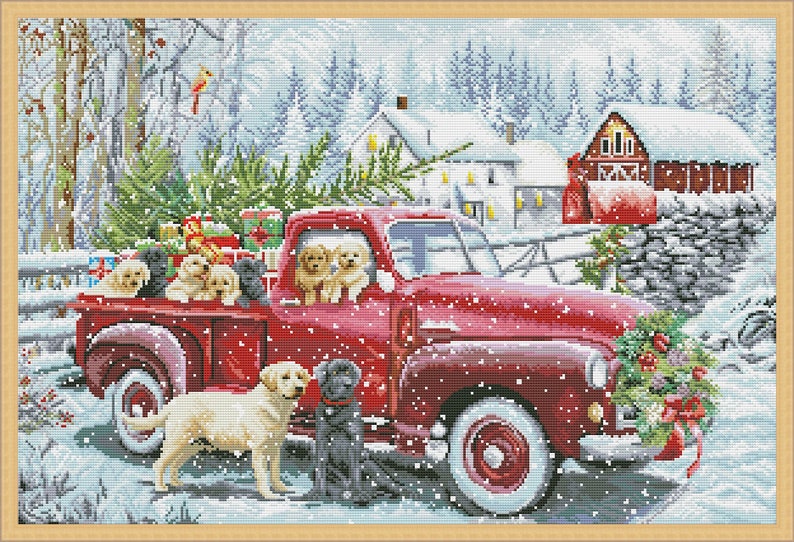 Christmas delivery, Counted Cross Stitch Pattern, Christmas Village, Winter Landscape, Hand Needlepoint Chart, Cottage, Dogs Pattern image 4