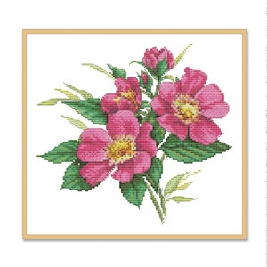 Donkerroze wilde rozen, geteld kruissteekpatroon, digitaal patroon, bloemmotief, wilde bloemenpatroon, boeket, Instant Download PDF