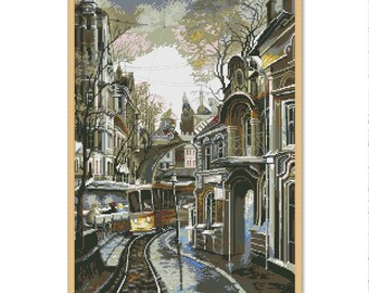 Old Tram, Counted Cross Stitch Pattern, Night city, Summer Landscape, Instant Download PDF, Old town street, European Bistro