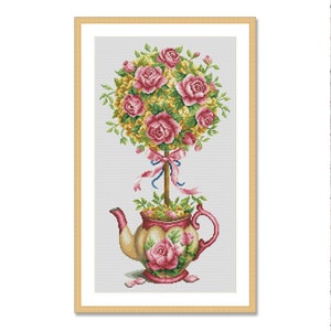 Rose Pot, geteld kruissteekpatroon, oosterse bloemen, digitaal patroon PDF, bloemenkaart, patroon van wilde bloemen, boeketborduurwerk