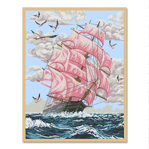Segelboot Schiff, Kreuzstichmuster, Meereswellen, Möwen, Sommerlandschaft, Handstickerei, Nadelspitze, digitales Muster PDF
