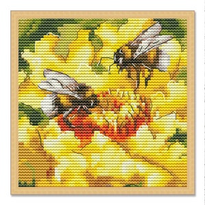 Bijen op een bloem, Kruissteekpatroon, Digitaal patroon, Modern decor, Tuininsect, steekpatroon, Dierenborduurwerk, Naaldkaart