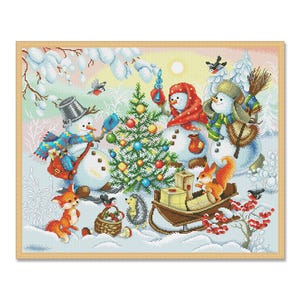 Sapin de Noël, matin d'hiver, motif point de croix compté, forêt d'hiver, soleil, bonhomme de neige, oiseau, décoration des fêtes de fin d'année, téléchargement immédiat au format PDF