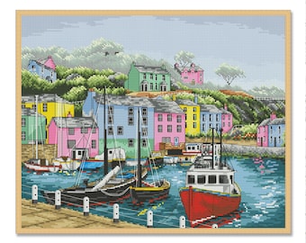 Sailboats, Counted Cross Stitch Pattern, Seaside Town, Embankment, Pier, Summer Landscape, Embroidery, Needlepoint Chart Digital Pattern PDF