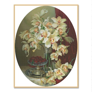 Witroze cymbidium, getelde kruissteekpatroon, mooie orchideeën, violetroze bloemen, patroon oosterse wilde bloemen, boeketborduurwerk