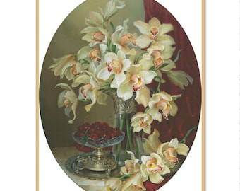 Cymbidium rosa branco, padrão de ponto cruz contado, lindas orquídeas, flores rosa violeta, padrão de flores selvagens orientais, bordado de buquê