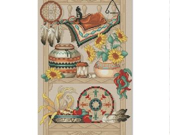 Southwest Charm, Counted Cross Stitch pattern, Kitchen Still Life, Grand Canyon, Desert Cactus, Ceramic tableware, Instant Download PDF