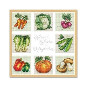 Round Robin, Vegetables Sampler, Counted Cross Stitch Pattern, Kitchen Still Life, Summer Vegetables, Tomato Pepper Mushrooms Carrot Pumpkin
