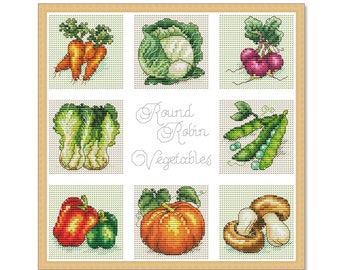 Round Robin, Vegetables Sampler, Counted Cross Stitch Pattern, Kitchen Still Life, Summer Vegetables, Tomato Pepper Mushrooms Carrot Pumpkin