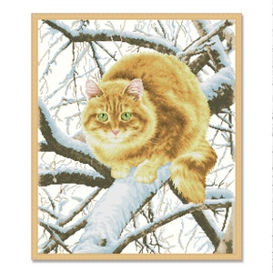 Peut inclure: Un chat roux aux yeux verts est assis sur une branche d'arbre recouverte de neige. Le chat regarde directement le spectateur.