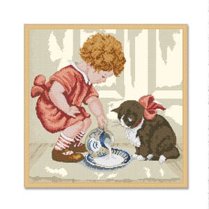 Cream for Kitty, Counted Cross Stitch pattern, Funny Kitten, Playing Kitten, Animal, Love, Heart, Hand Xstitch Decor, Instant Download PDF